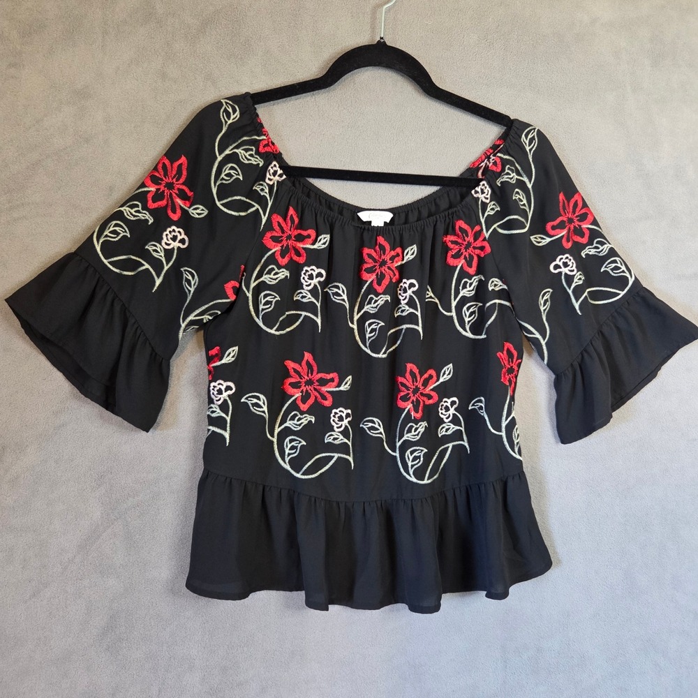 Floral Embroidered Peasant Top Women's Medium Ruffle Boho Folk Cottage Romantic